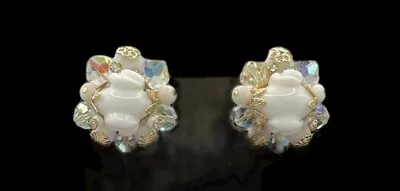 Vintage Vendome Milk Glass Aurora Borealis  Cluster Earrings • $12