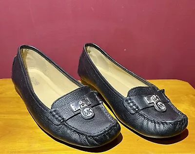 Michael Kors Black Leather Loafers Flats Silver Padlock Logo 7.5  7 1/2 Shoes • $23.99