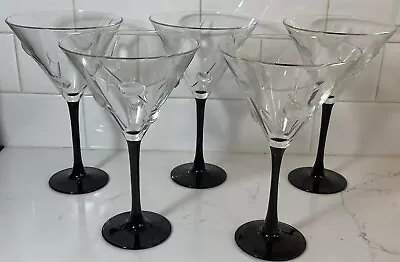 5-Vintage Luminarc Martini Glass 3D Olives Toothpick Black Stem Barware Embossed • $56.99