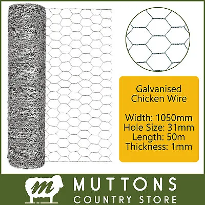 1050mm X 31mm 50m 1mm Galvanised Chicken Wire Netting  Rabbit Poultry Fencing • £52.99