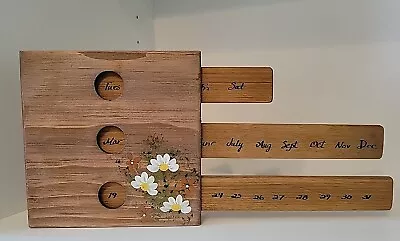 Vtg Wooden Sliding Perpetual Calendar Handmade Daisies Spring Gift  • $44.97