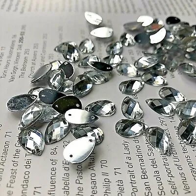 100 X Clear Sew On  Tear Drop Diamante Holed Gems Rhinestone 8x13mm • £4.04