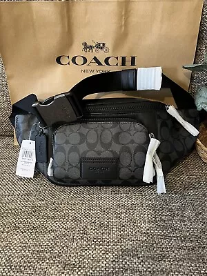 Coach Men's Charcoal/Black Signature Canvas & Leather Track Belt Bag (C3765) NWT • $169