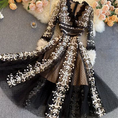 $65.82 • Buy Women Embroidery Lace Mesh Dress Floral V-neck Long Sleeve Midi Party Elegant