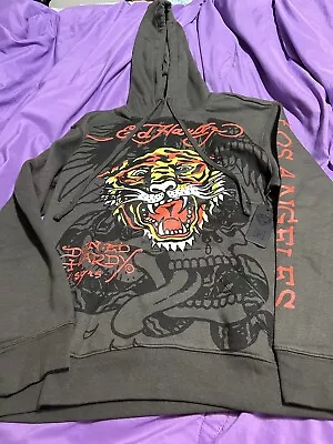 Ed Hardy Tiger Pull Over Fleece Hoodie Dark Grey Mens Size M New  • $49.99