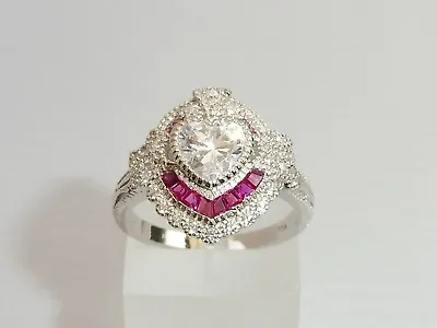 £24.25 • Buy Ladies Victorian Design 925 Sterling Silver Heart Cut White Sapphire Ruby Ring