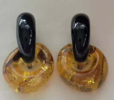 Vtg Monies Gerda Lynggaard Black & Yellow/gold Color Horn Door Knocker Earrings  • $95