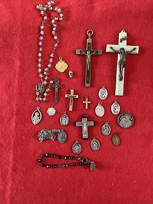 Lot 21 Vintage Large Crucifix Religion Catholic Rosary Metals  Pin Beads Extras • $12