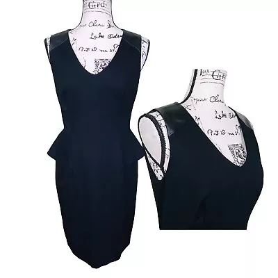 Vince Camuto Faux Leather Mini Dress Size 6 Black Sleeveless Deep V Neck Peplum • $16