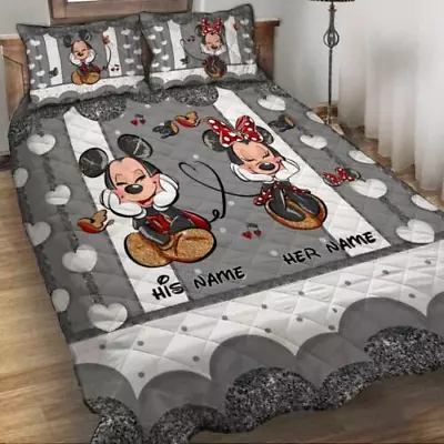 Personalized Mickey And Minnie Mouse Cute Couple Mouse Ears Quilt Bed Set • $67.50