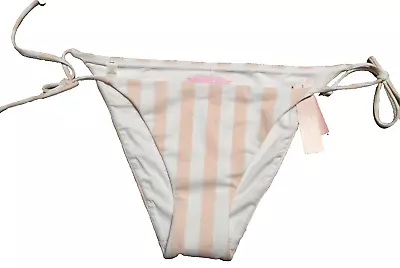 Victorias Secret Swim Bikini Bottom Pink White Stripe Cheeky String Tie Up Large • $19.99