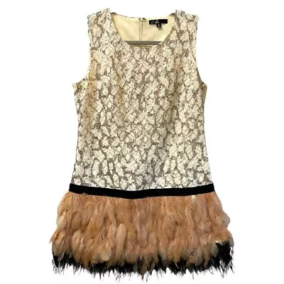 C. Luce Women's Ostrich Feather Bottom Ruffle Mini Sequin Lace Dress Sz M • $43.95