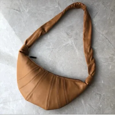 Tan Gold Brown Soft Leather Croissant Half Moon Crossbody Slouchy Sling Hobo Bag • $78