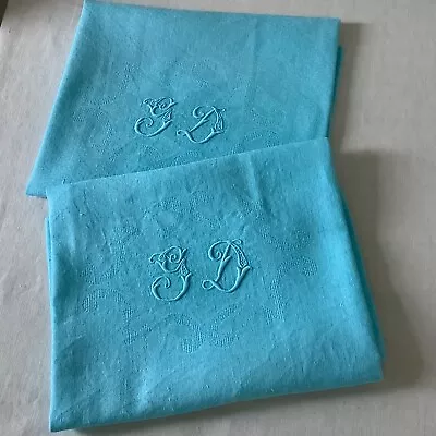 Pair  Antique French Hand Dyed  Linen Napkins Monogram  Aqua Blue  Mono GD • $37