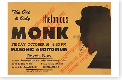 Thelonious Monk Retro 1959 Grand Masonic Auditorium SF Jazz Concert Poster • $17.99