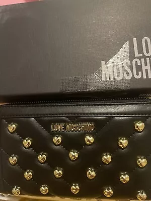 NWT Love Moschino Black Zip Around Wallet Nappa Gold Heart Stud Quilted New • $56