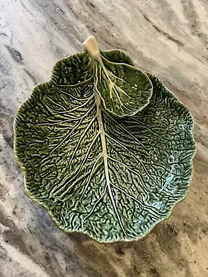 Vintage Bordallo Pinheiro Majolica Cabbage Leaf Large Chip & Dip Set 12.5  READ • $27.90