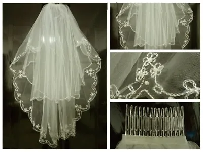 46v Lightweight 2 Tier Bridal Ivory Tulle & Pearl Wedding Veil W Comb • $14.99