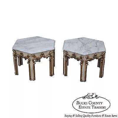 Quality Pair Of Hollywood Regency Partial Gilt Hexagon Marble Top Side Tables • $1295