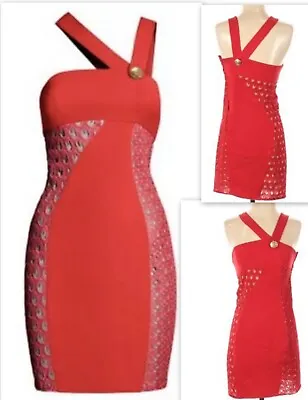 VERSACE For H&M Red  Dress Gold Button Asymmetrical Collar Strap Size 3XS2XS • $87