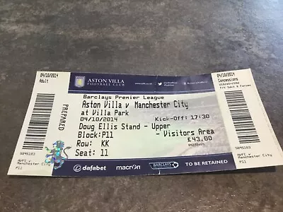 Aston Villa V Manchester City 4 October 2014 Match Ticket • £0.99