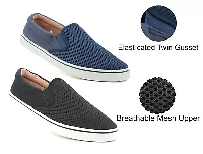 Mens Canvas Mesh Slip On Twin Gusset Yachting Boat Deck Shoes Sport Casual Pumps • £14.29