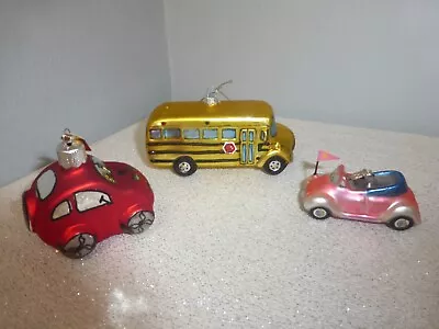 Lot Of 3 Christmas Glass Vehicle Ornaments Volkswagon Bugs + School Bus! • $9.99