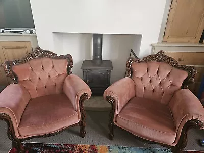 Louis Style Baroque Armchairs In Pale Pink Velvet • £50