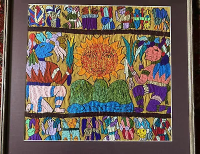 Mayan Embroidered Hand Stitched Colorful Wall Art Framed W/Glass Guatemala Mexic • $150