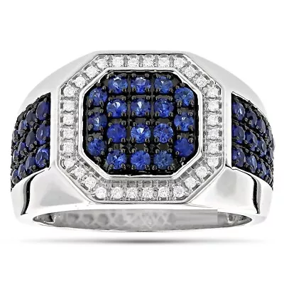 4Ct Round Cut Blue Sapphire Simulated Diamond Halo Men Ring White Gold Plated • $159.99