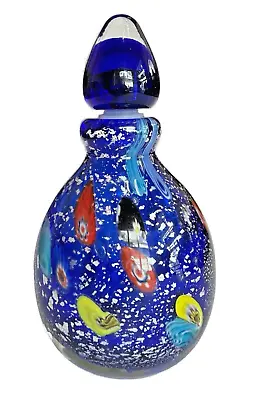 Murano Style Art Glass Perfume Bottle-Cobalt Blue W/ Large Millefiori • $24.99