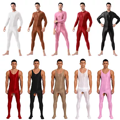 US Mens Bodysuit One-piece Shimmery Smooth Open Crotch Leotard Lingerie Jumpsuit • $16.15