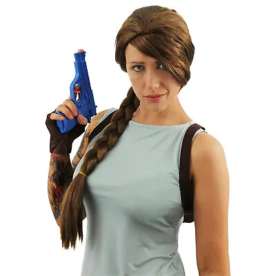 Adults Brown Plaited Wig Temple Hunter Film Character Fancy Dress Video Game • £6.99