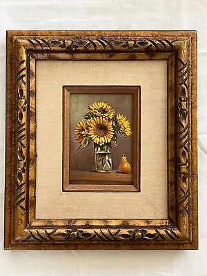 Vtg Original Oil Painting On Canvas Still Life Sunflower And Pear Signed Framed • $79