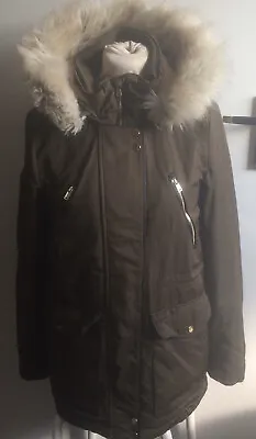 $18.28 • Buy Zara Trafaluc Khaki Padded Anorak Parka Coat With Faux Fur Trim Hood Size XS