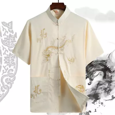 Embroidery Dragon Print Blouse Men Chinese Traditional T Shirt Kung Fu Cardigan • $35.17