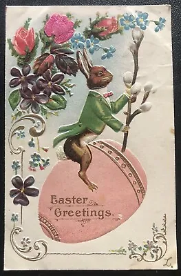 Dressed Rabbit On Large Pink Colored Egg Easter Embossed Vintage Postcard W49 • $15