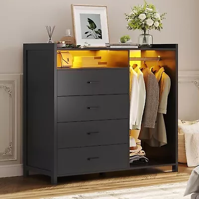 Dresser For Bedroom With Clothes Rail Modern Chest Of 4 Drawers With LED Lights • $169.97