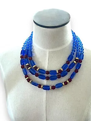 Vtg High Fashion Signed MONET 80s Multi Strand Blue Red Gold Bead Necklace 19  • $59.99