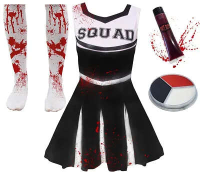 Childrens Girls Black Zombie Cheerleader School Fancy Dress Costume Halloween • £15.99