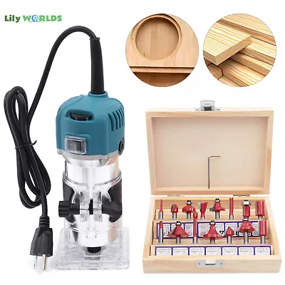 Wood Router Tool Compact Trim Router W/ 6 Variable Speed 15 Wood Router Bits! • $48.92