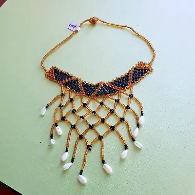 African- Maasai- Handmade Glass Bead & Shell Choker Necklace-Gold- Kenya- New  U • $10.49