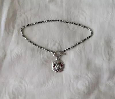 DANON Necklace Silver Tone Heavy Wheat Chain With Rose Disc Red Crystals Toggle • £50