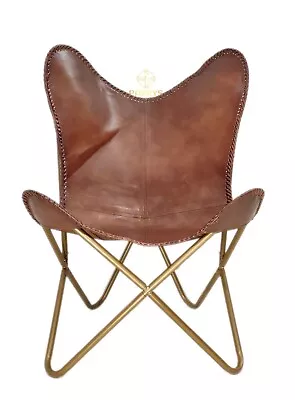 Genuine Brown Leather Comfortable ChairIron Leg Leather Butterfly Chair PL2-255 • $248.62