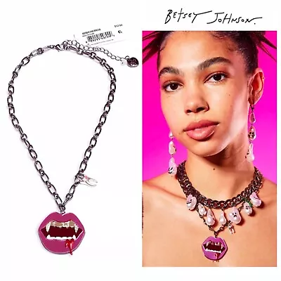 NWT Betsey Johnson PUNK N SPICE LIPS Hematite Tone Glass Stones W/Tooth Necklace • $49