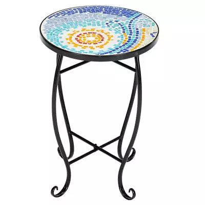 Patio Side Table Plant Stands Outdoor Accent Small Mosaic Glass Top Round Space • $34.99