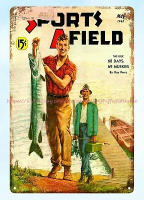 1940 Sports Afield Hunting & Fishing Muskie Cover Metal Tin Sign Cafe  Pub Metal • $18.89