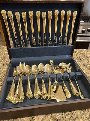 Vintage 24k Gold Plated/stainless Silverware Set. 77 Pieces. Shell. • $225