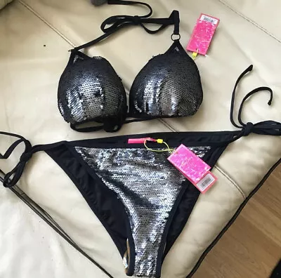 Lipsy Abbey Clancy Size 12 Top & 12 Bottom Black Sequin Bikini Bnwt • £29