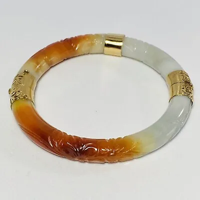 Ming's Honolulu 14K Yellow Gold Carved Jadeite Jade Size 7  Bangle Bracelet 44g • $1850
